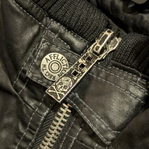 AFFLICTION Black Premium 73 Vegan Leather Zip Up Moto Jacket Zipper Pockets L - Picture 7 of 11